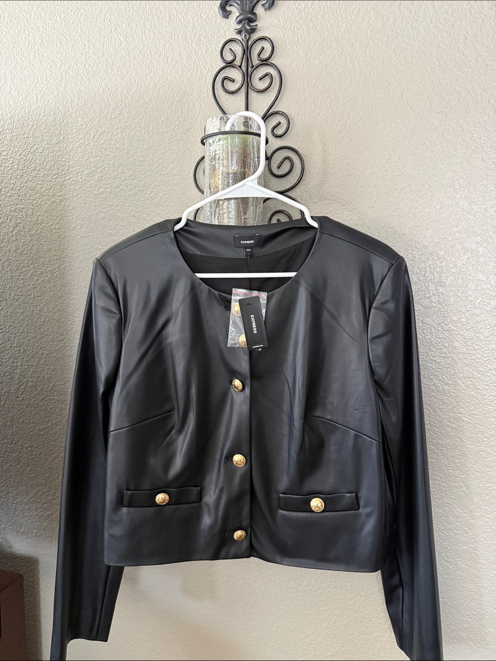 Express Black Faux Leather Cropped Jacket with Gold Buttons